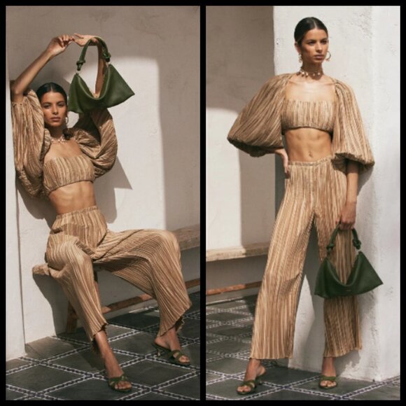 💕CULT GAIA💕 Kersti Pleated High Rise Satin Pants ~ Light Camel Medium M NWT - Picture 3 of 16